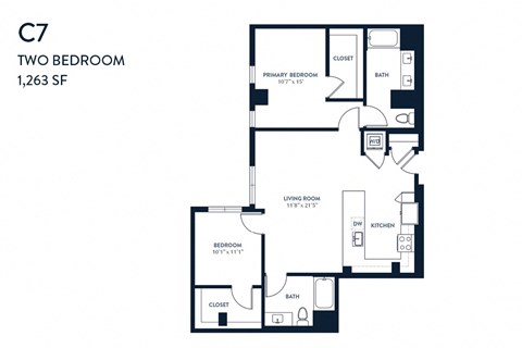 Floor plan for 2 beds, 2 baths, 1263 sqft